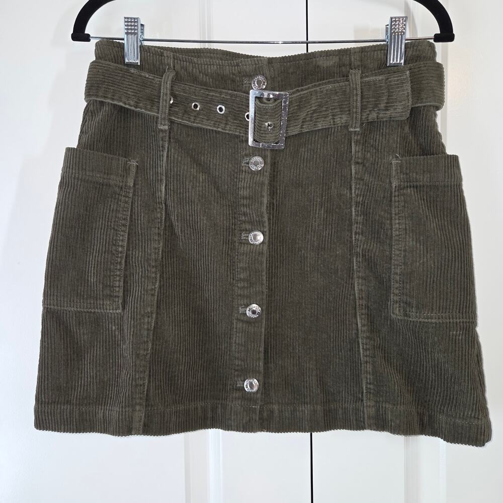 TopShop Corduroy Belted Button-Front A-Line Mini Skirt Pockets Size 6
